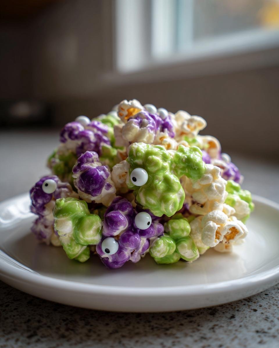 A mound of Enchanting Witches Brew Popcorn Snack, colored green and purple, featuring candy eyeballs.