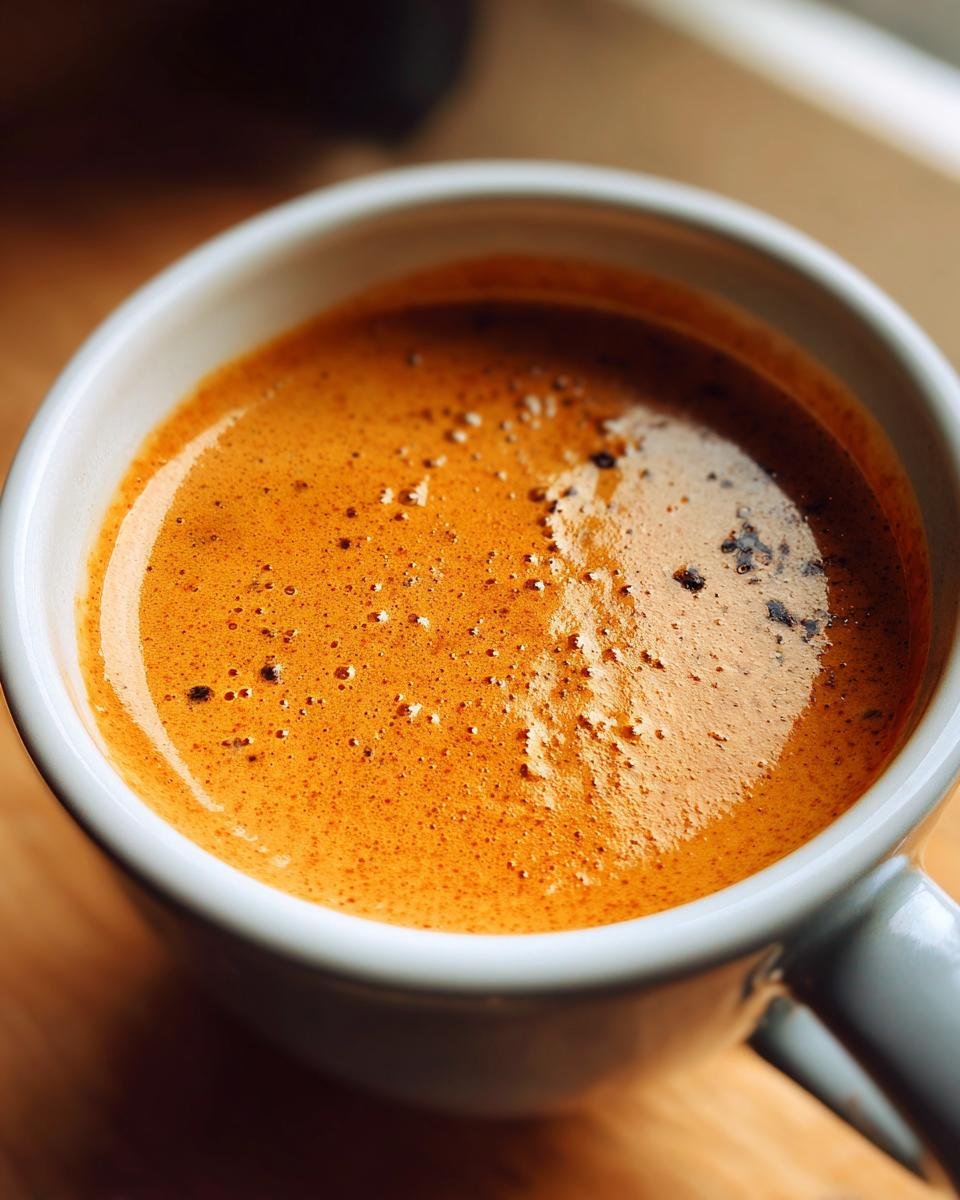 Close-up shot of rich, orange-brown espresso crema with small bubbles in a white mug.