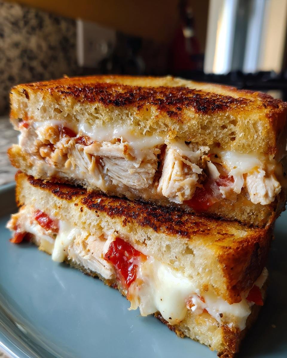 Close-up of an Everything Chicken Tomato Grilled Cheese sandwich cut in half, showing melted cheese, chicken, and tomato.