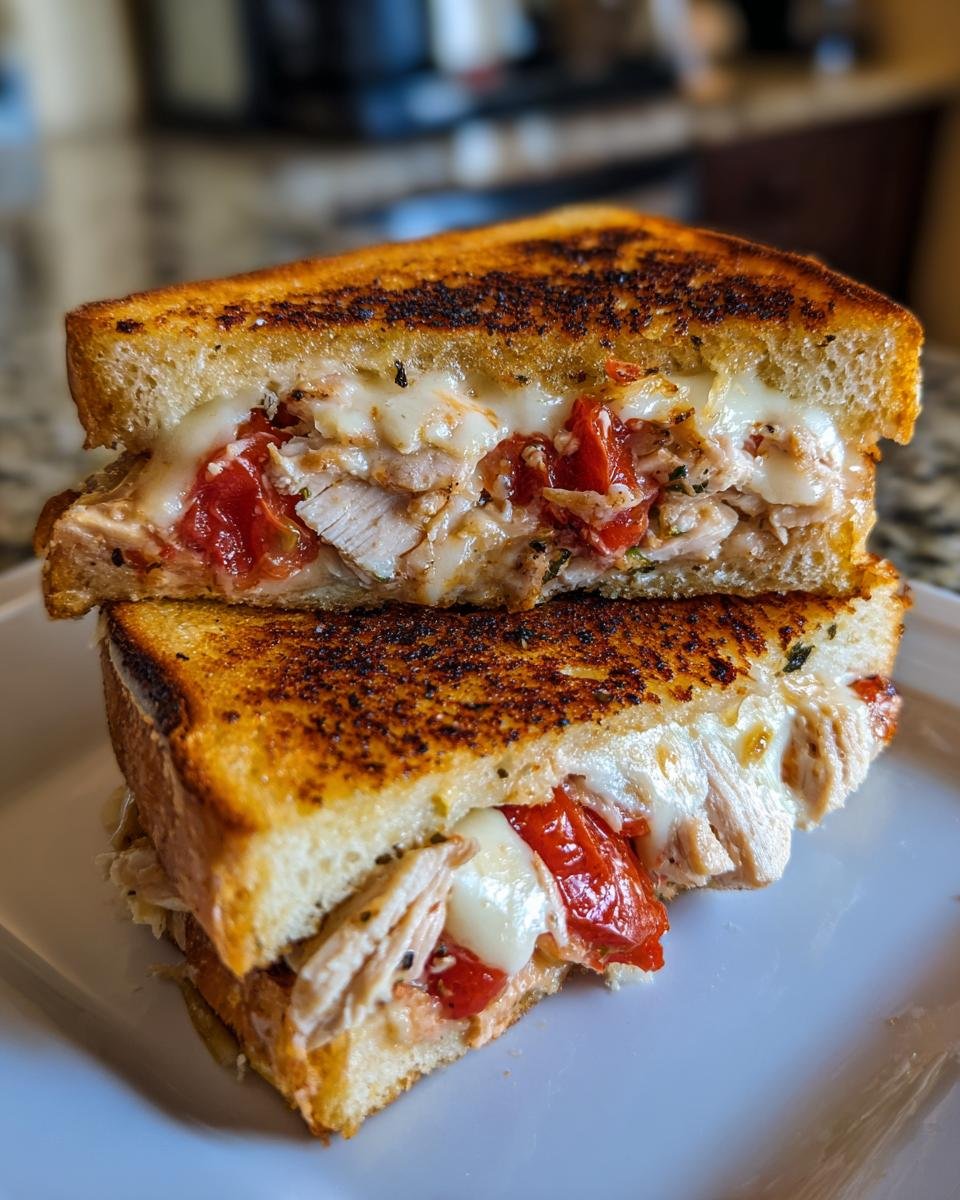 Close-up of an Everything Chicken Tomato Grilled Cheese sandwich cut in half, showing melted cheese, chicken, and tomatoes.