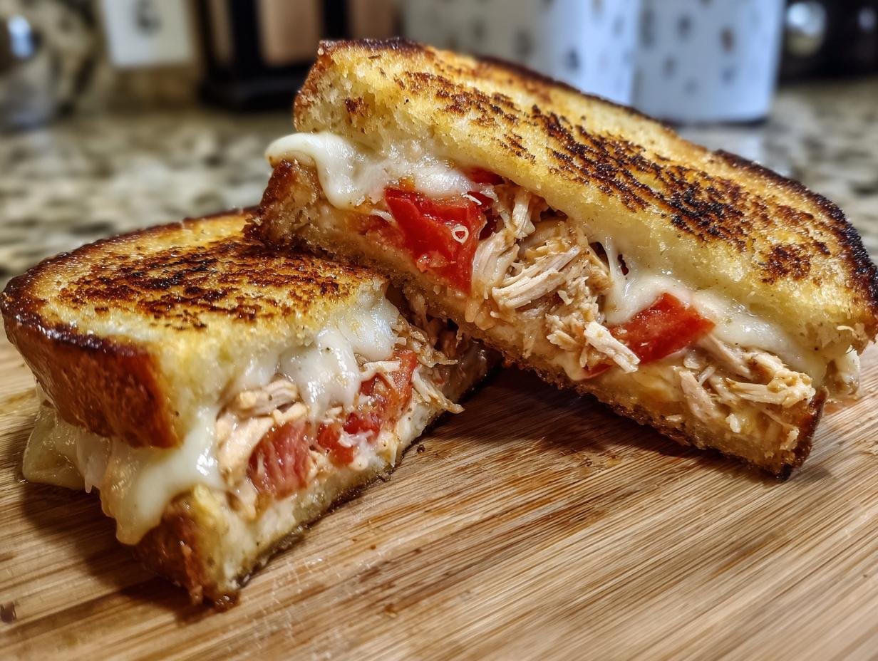 Close-up of an Everything Chicken Tomato Grilled Cheese sandwich cut in half, showing melted cheese, shredded chicken, and tomato.