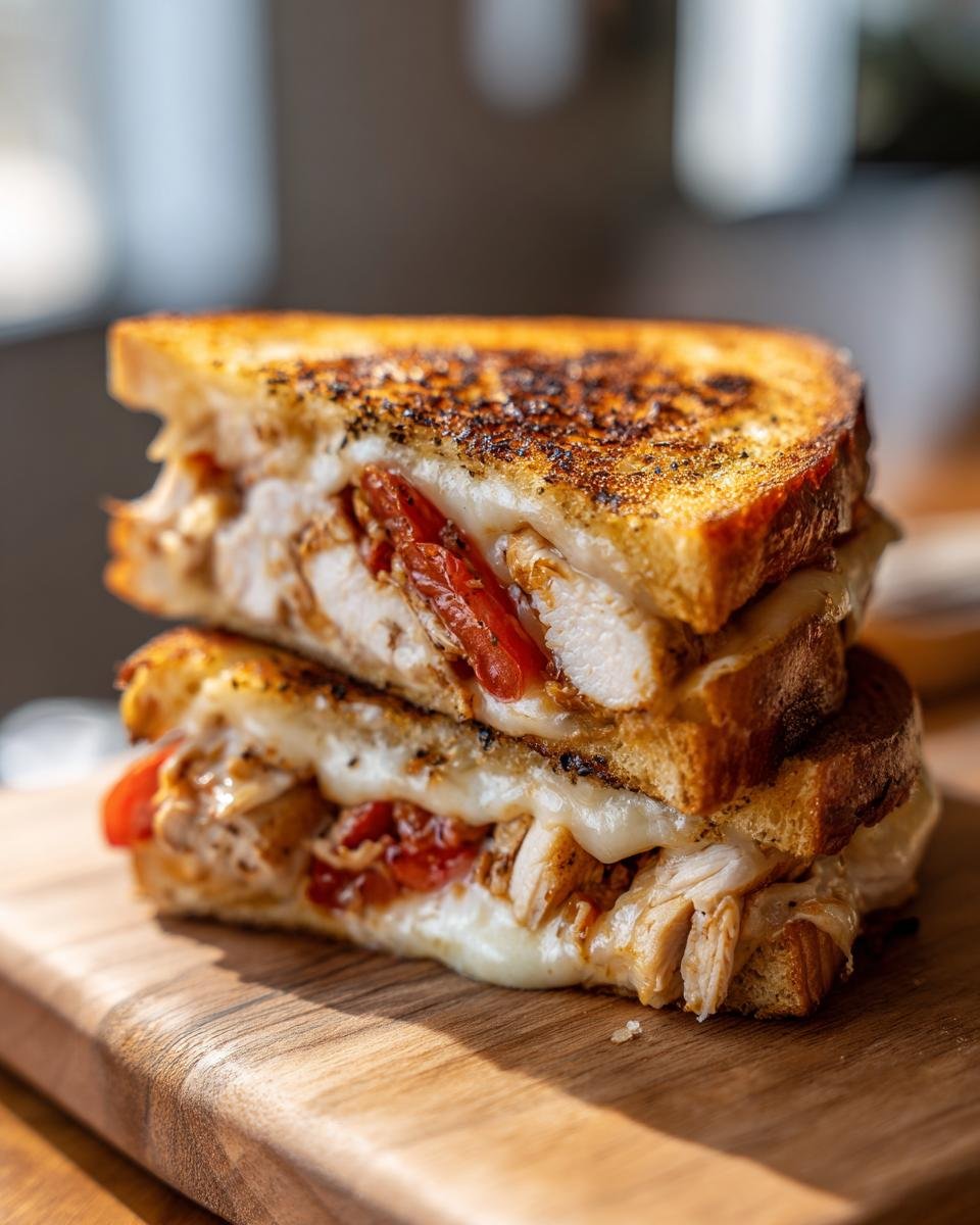 A stack of two halves of Everything Chicken Tomato Grilled Cheese showing melted cheese, chicken, and tomatoes.