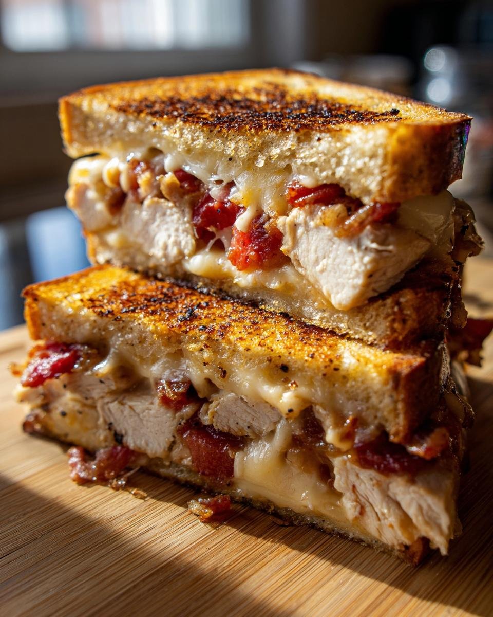 A cross-section of an Everything Chicken Tomato Grilled Cheese sandwich, stacked and oozing melted cheese.