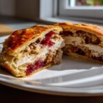 Cross-section of a Festive Cranberry Hazelnut Turkey Wellington showing turkey, stuffing, and bright red cranberries in flaky pastry.