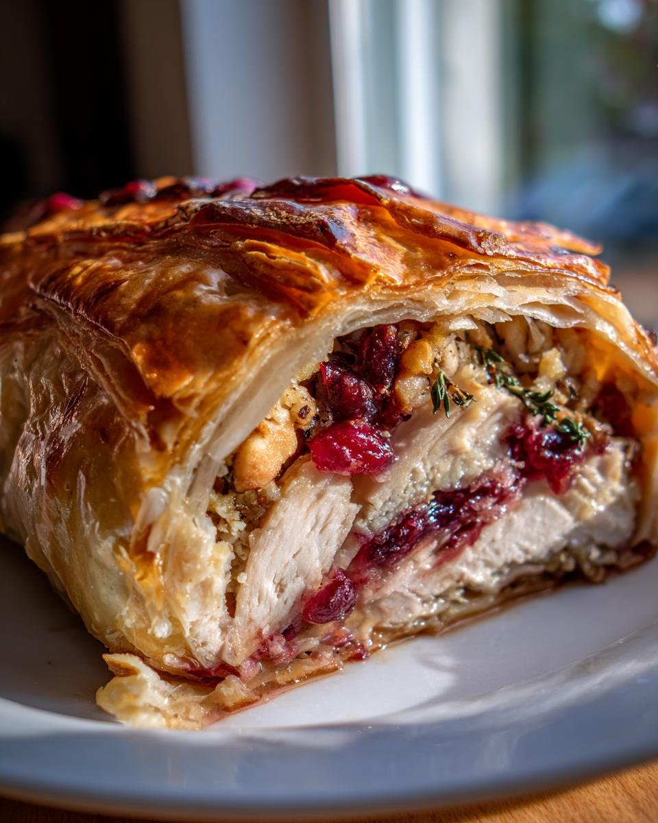 Close-up of a slice of Festive Cranberry Hazelnut Turkey Wellington showing flaky pastry and interior filling.