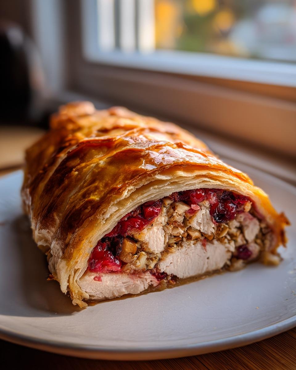 Cross-section of a golden, flaky pastry revealing turkey breast, cranberry sauce, and hazelnuts in the Festive Cranberry Hazelnut Turkey Wellington.
