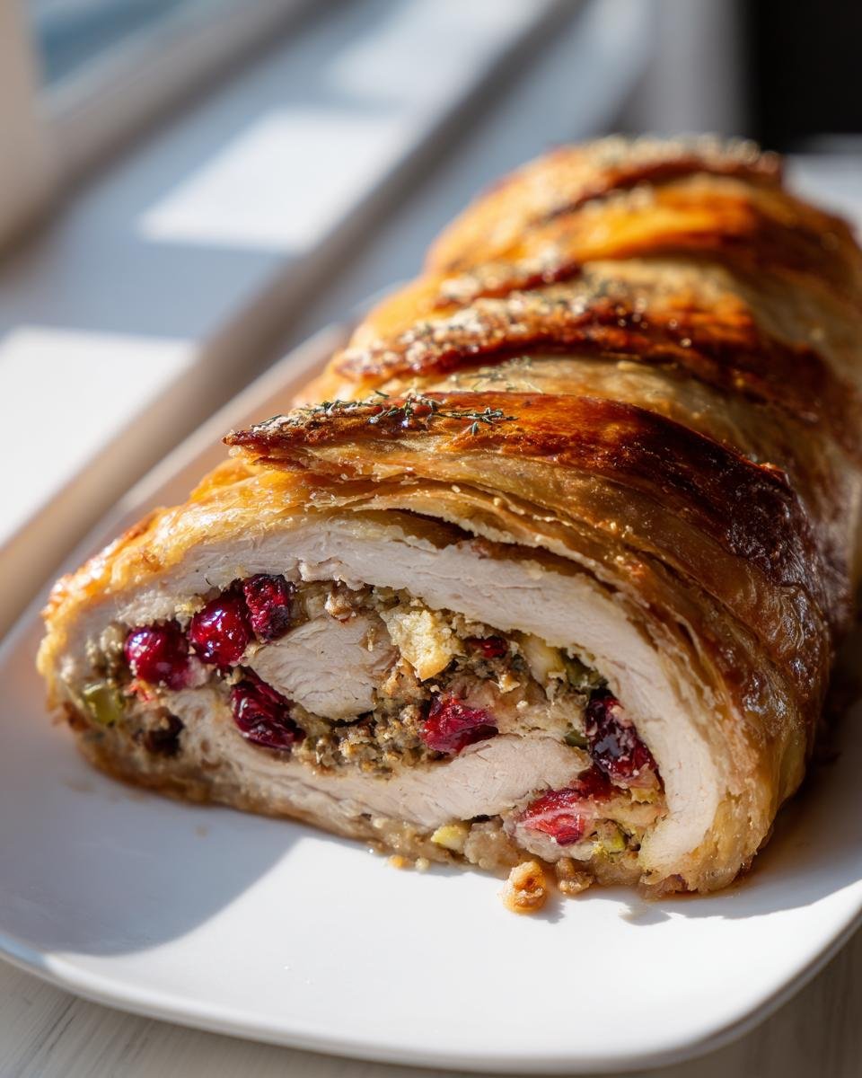 Cross-section of Festive Cranberry Hazelnut Turkey Wellington showing turkey, stuffing, and bright red cranberries inside golden pastry.