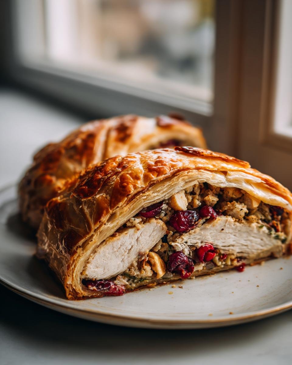 Cross-section view of a slice of Festive Cranberry Hazelnut Turkey Wellington showing turkey breast, stuffing, cranberries, and hazelnuts wrapped in golden puff pastry.