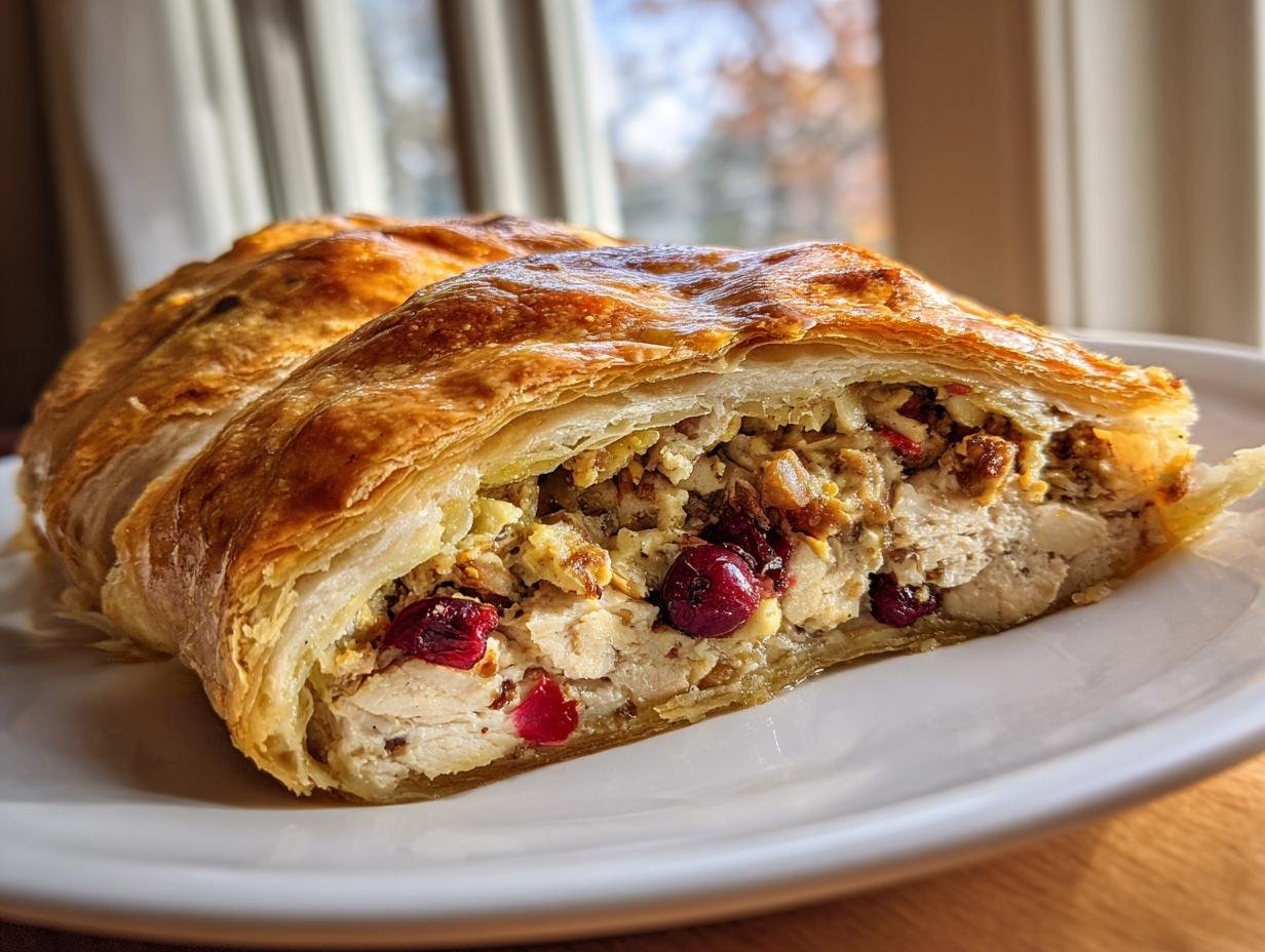 A golden-brown slice of Festive Cranberry Hazelnut Turkey Wellington showing flaky pastry and rich filling.
