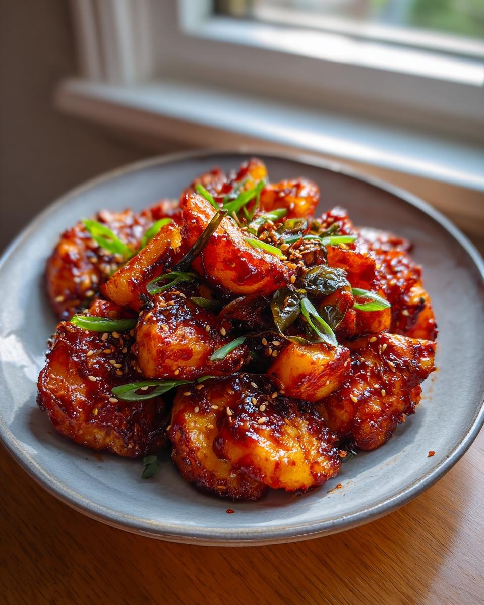 A close-up of crispy smashed potatoes coated in a dark red, glossy Gochujang glaze, garnished with sesame seeds and green onions.