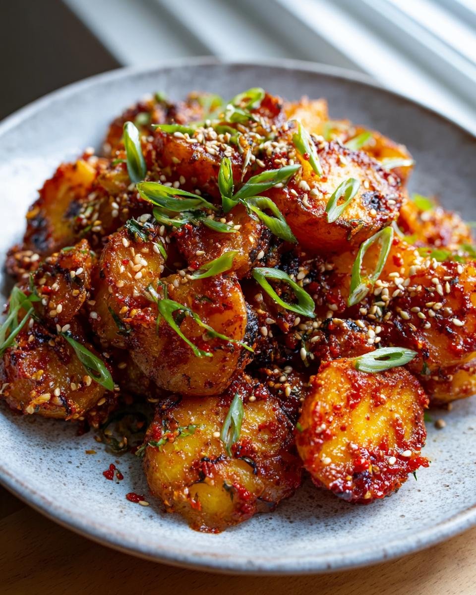 Close-up of Flavorful Crispy Smashed Gochujang Potato Salad topped with sesame seeds and green onions.