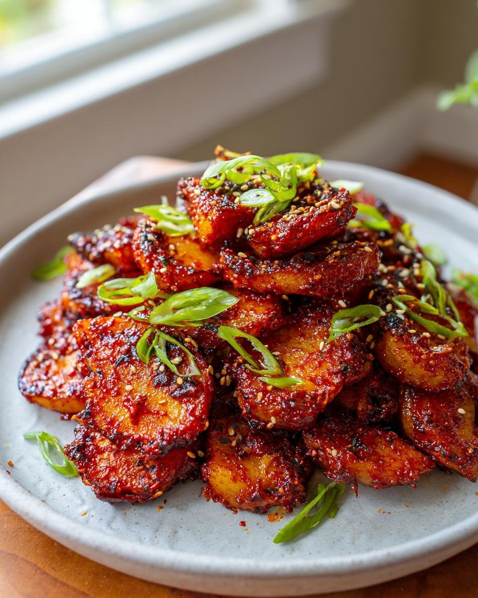 Close-up of Flavorful Crispy Smashed Gochujang Potato Salad pieces piled on a plate, garnished with sesame seeds and green onions.