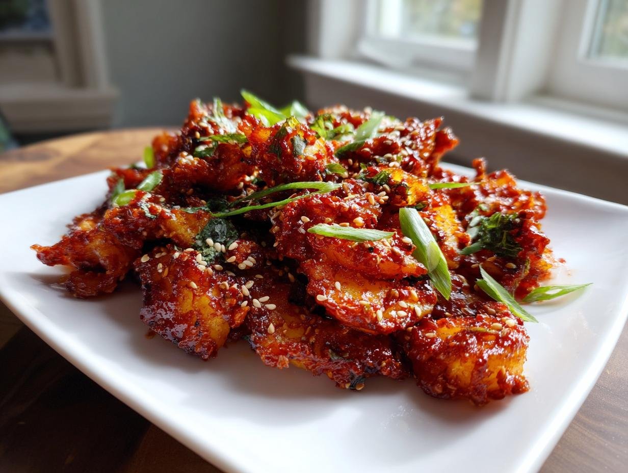 Close-up of crispy smashed potatoes coated in a vibrant red, sticky Gochujang sauce, garnished with sesame seeds and green onions.