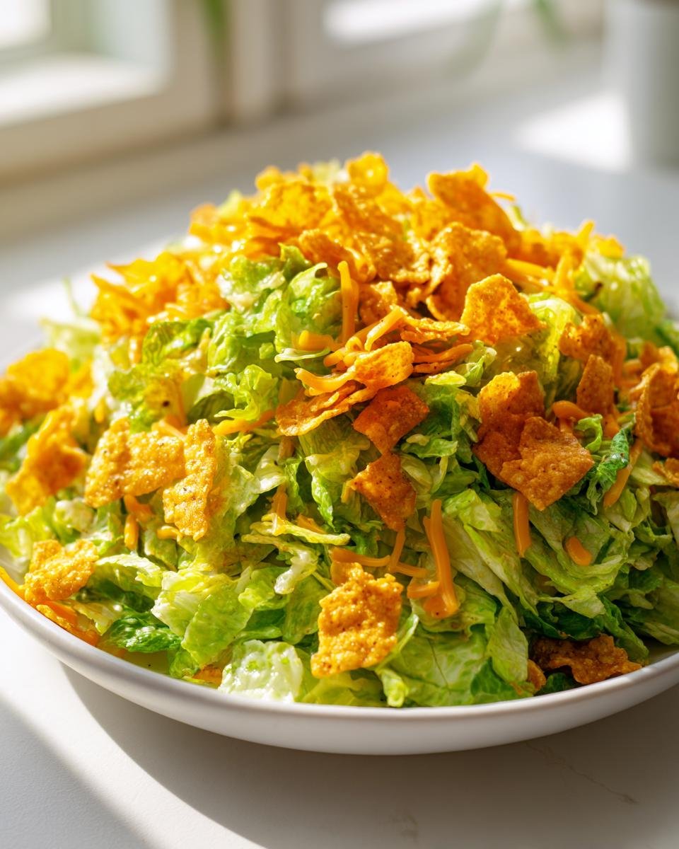 A mound of chopped lettuce topped generously with Fritos chips and shredded cheese for Flavorful Frito Cowboy Cabbage.