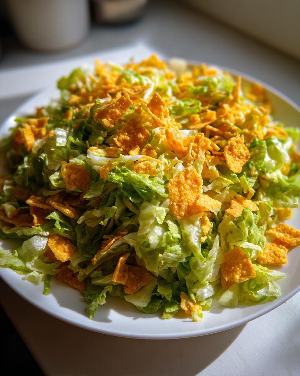 A close-up of Flavorful Frito Cowboy Cabbage salad featuring chopped lettuce topped with crunchy corn chips and shredded cheese.