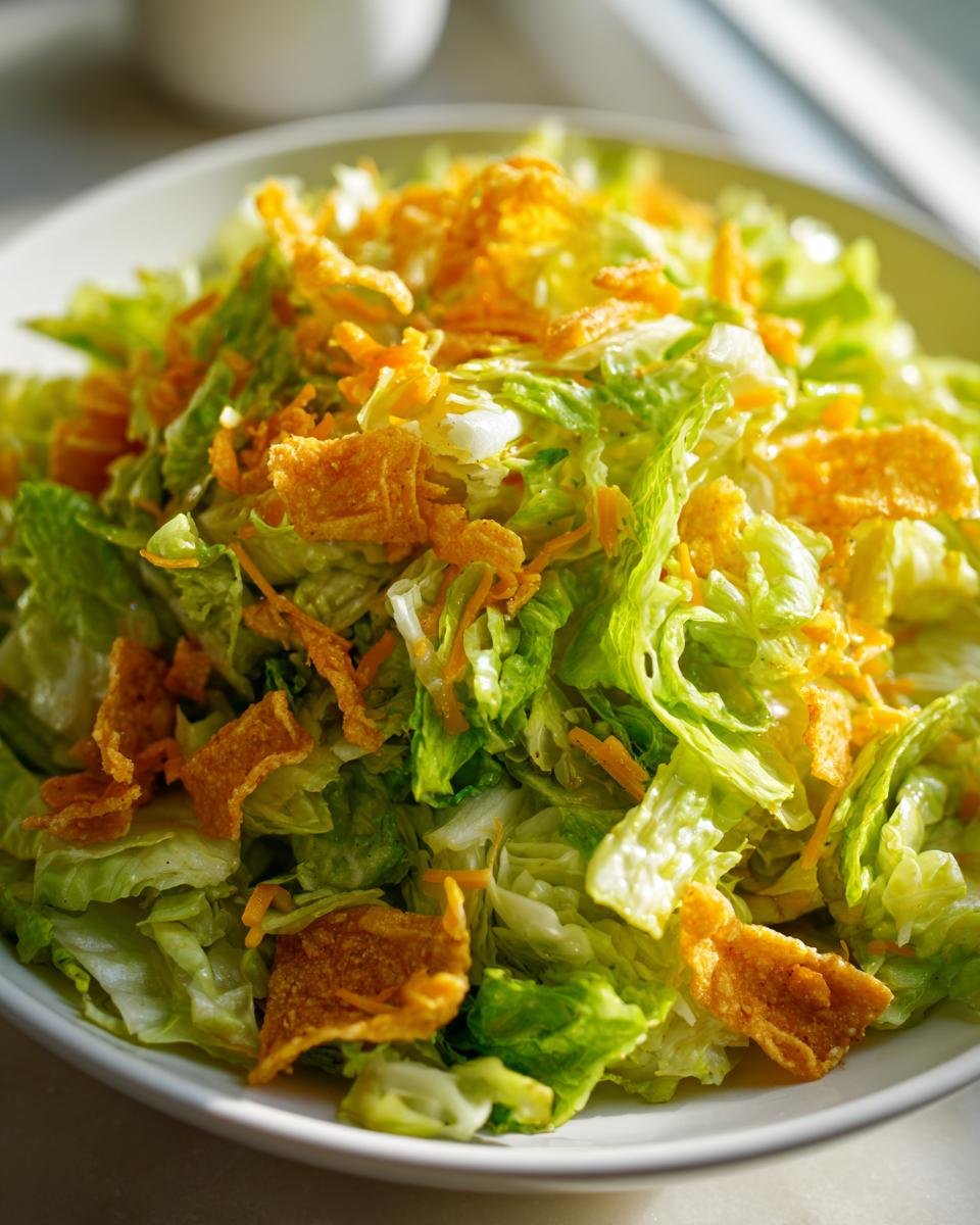 Close-up of a bowl filled with crisp lettuce, shredded carrots, and crunchy Frito pieces for Flavorful Frito Cowboy Cabbage.