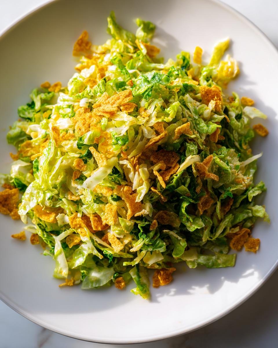 A bright, close-up shot of Flavorful Frito Cowboy Cabbage salad featuring shredded green cabbage and crunchy corn chips on a white plate.