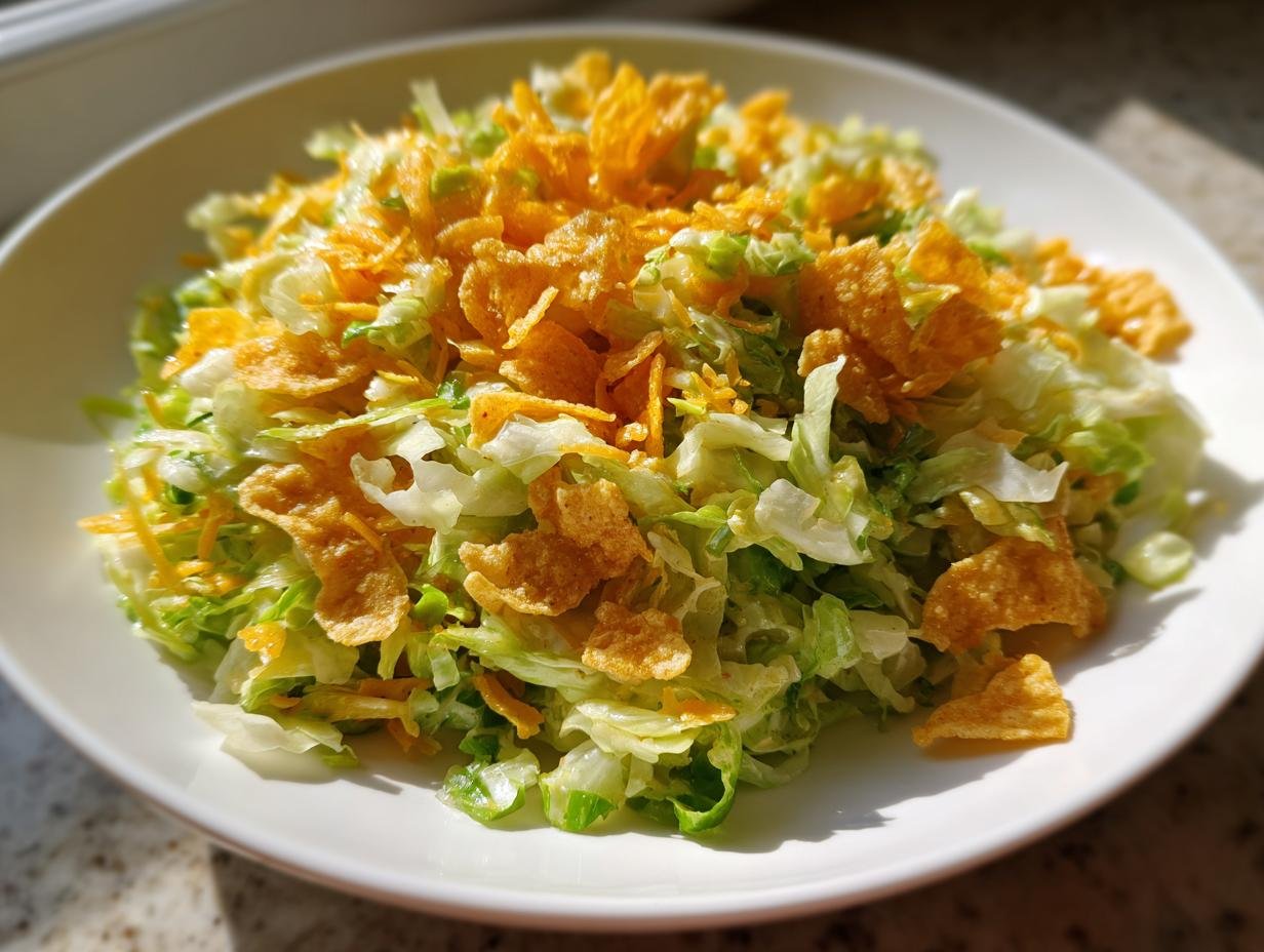 A white plate filled with shredded lettuce, cheese, and topped with crunchy Fritos for Flavorful Frito Cowboy Cabbage.