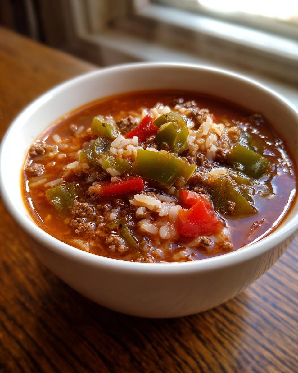 Close-up of a white bowl filled with Flavorful Stuffed Pepper Soup, showing ground beef, rice, and green peppers in a rich broth.