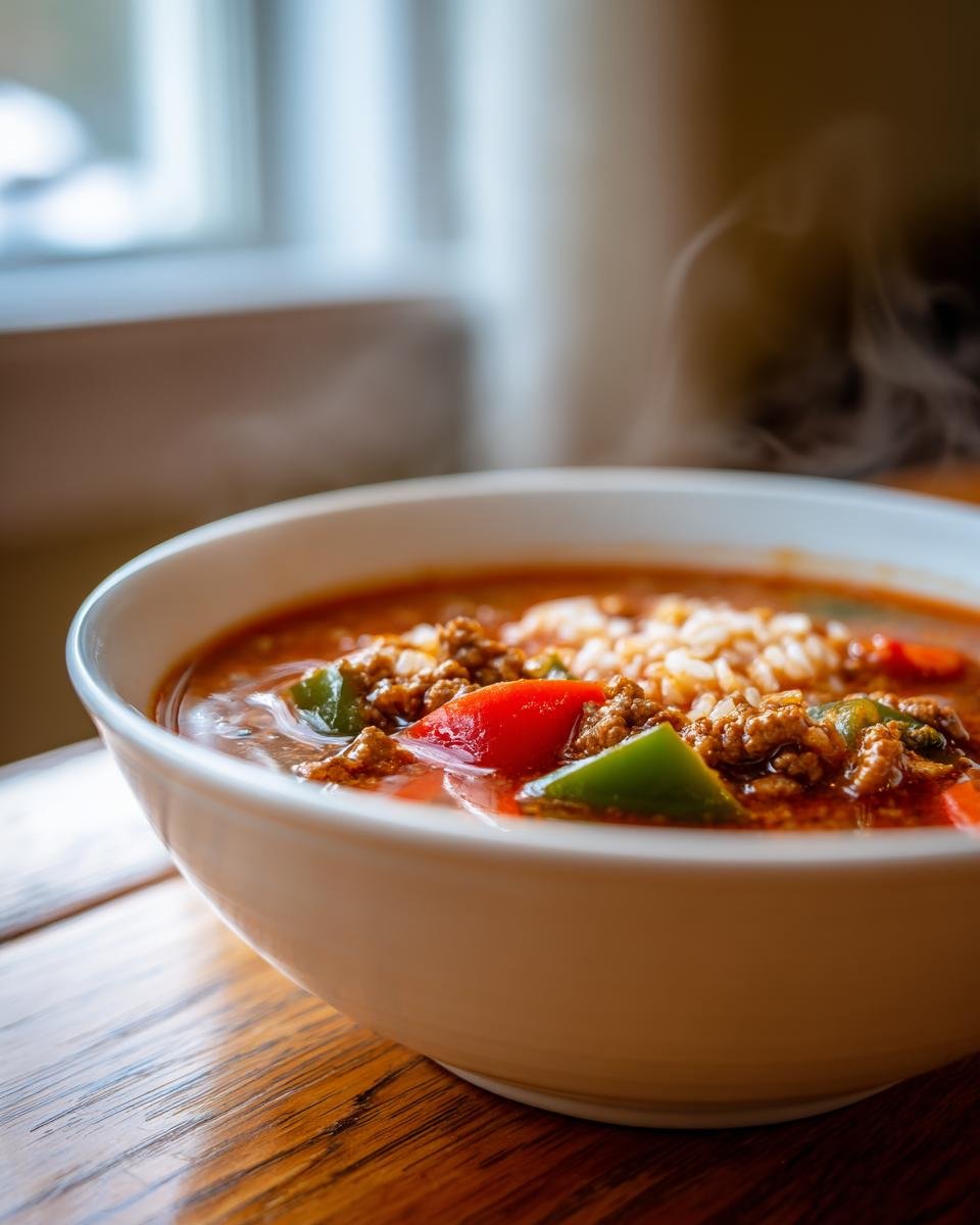 Close-up of a steaming white bowl filled with Flavorful Stuffed Pepper Soup Recipe, showing ground meat, red and green peppers, and rice.
