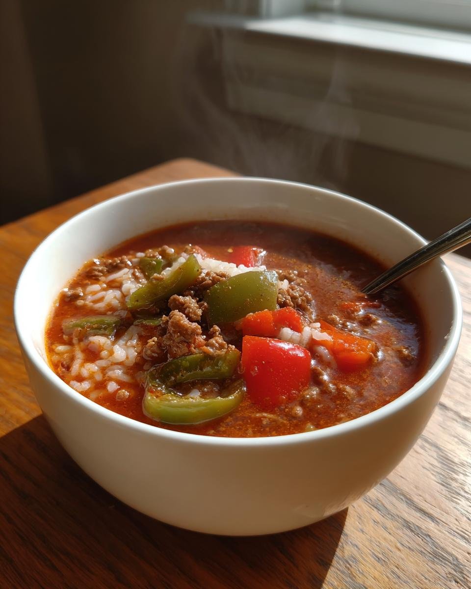 A steaming white bowl filled with Flavorful Stuffed Pepper Soup Recipe, featuring ground meat, rice, and chunks of red and green peppers.