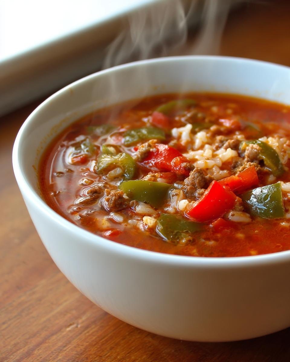 Close-up of a steaming white bowl filled with Flavorful Stuffed Pepper Soup Recipe, showing ground meat, rice, and chunks of red and green peppers.