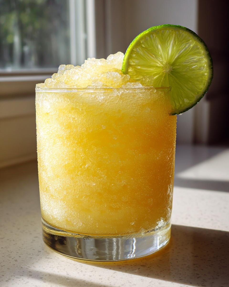 A bright yellow, icy Frozen Pineapple Margarita Mocktail garnished with a fresh lime wheel.