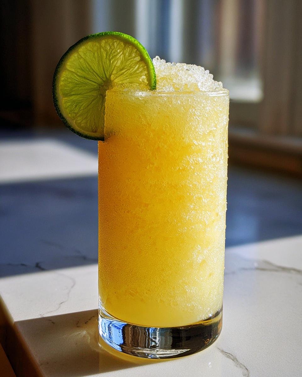 Close-up of a tall glass filled with a bright yellow Frozen Pineapple Margarita Mocktail, topped with crushed ice and a lime wheel.