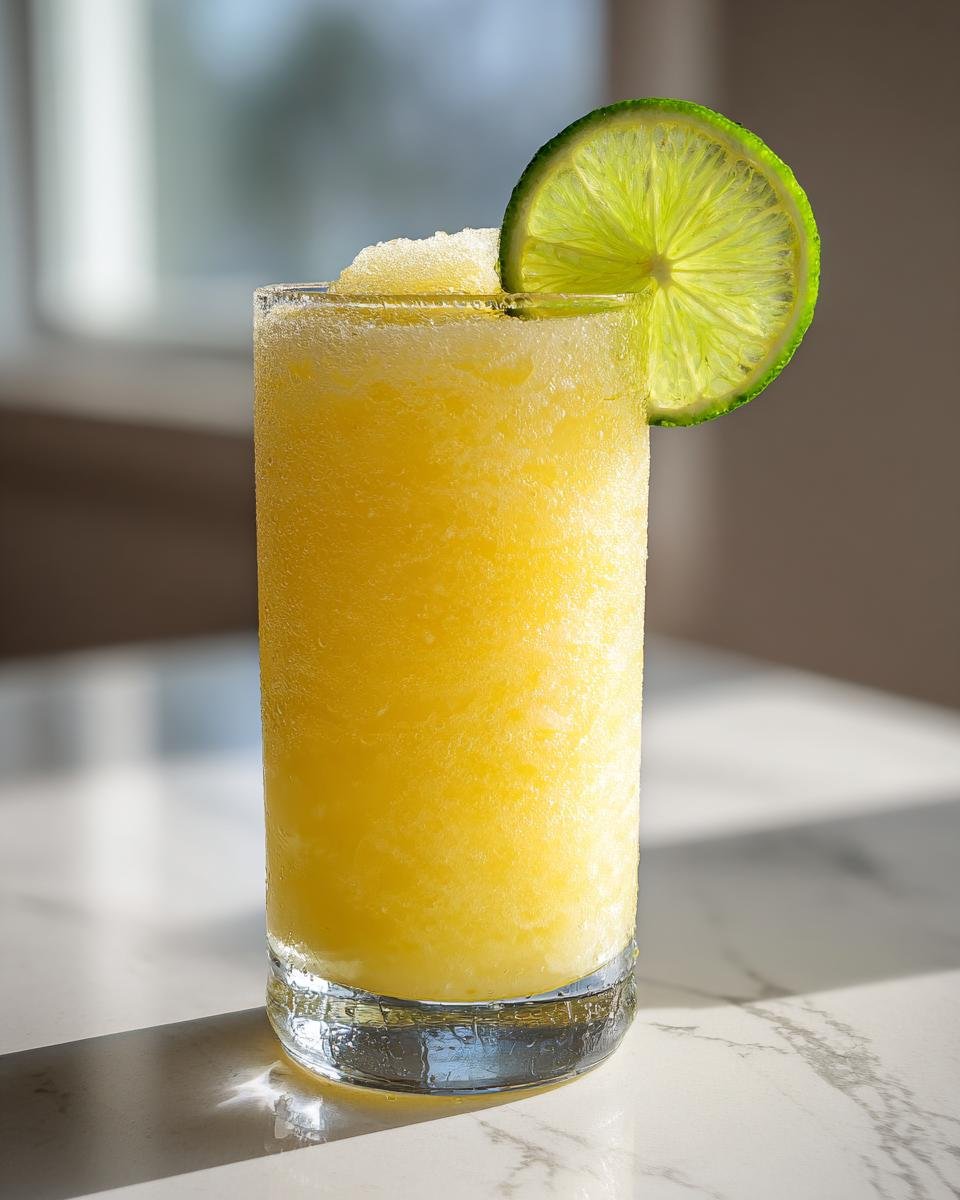 A tall glass filled with a bright yellow, icy Frozen Pineapple Margarita Mocktail, garnished with a lime wheel.