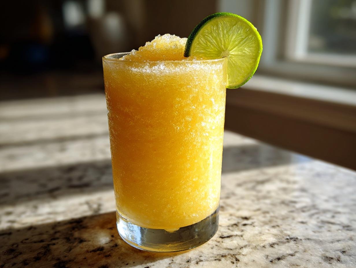A vibrant, icy Frozen Pineapple Margarita Mocktail garnished with a fresh lime wheel.