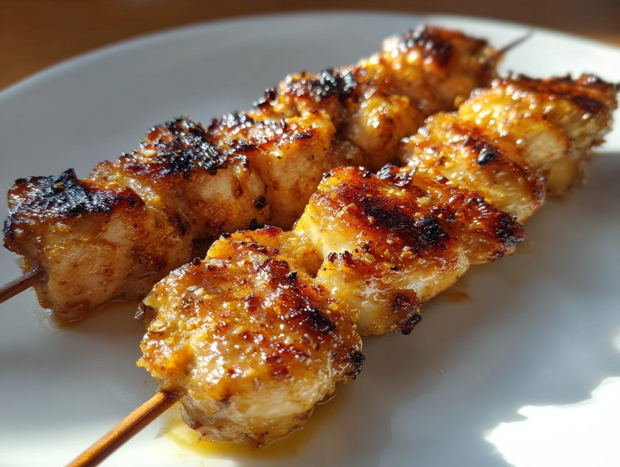 Two skewers of Irresistible Garlic Parmesan Chicken Skewers, grilled to a golden brown with caramelized edges, resting on a white plate.