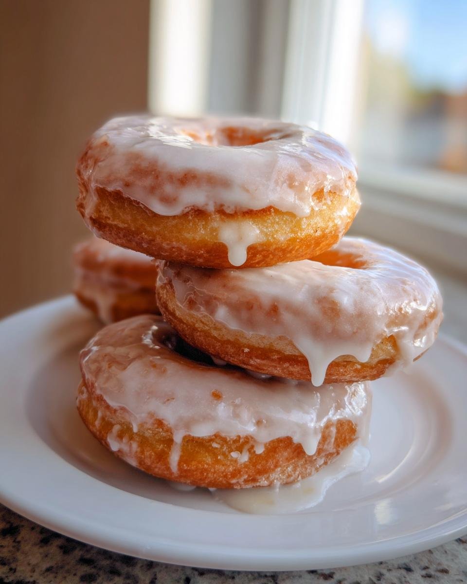 A stack of three golden brown Baked Vegan Pumpkin Spice Donuts generously covered in white glaze dripping down the sides.