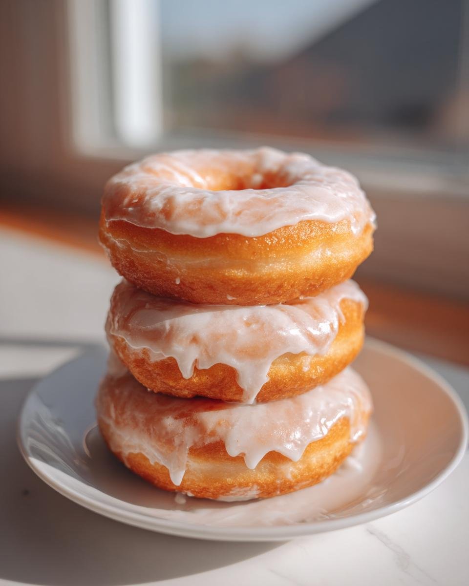 A stack of three glazed Baked Vegan Pumpkin Spice Donuts sitting on a small white plate near a window.