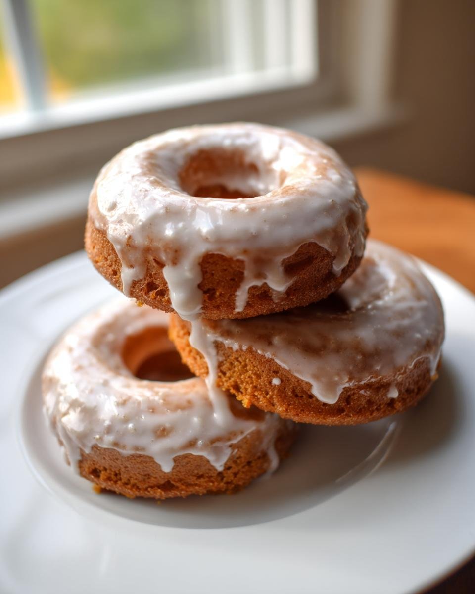 Three glazed Baked Vegan Pumpkin Spice Donuts stacked on a white plate near a window.