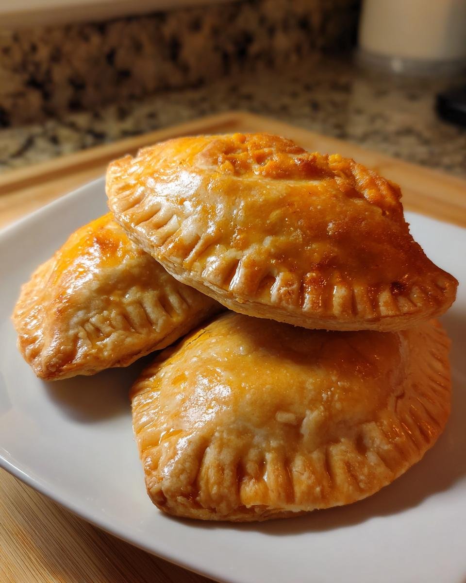 Three golden-brown, flaky Halloween Hand Pies Bites stacked on a white plate, ready to serve.