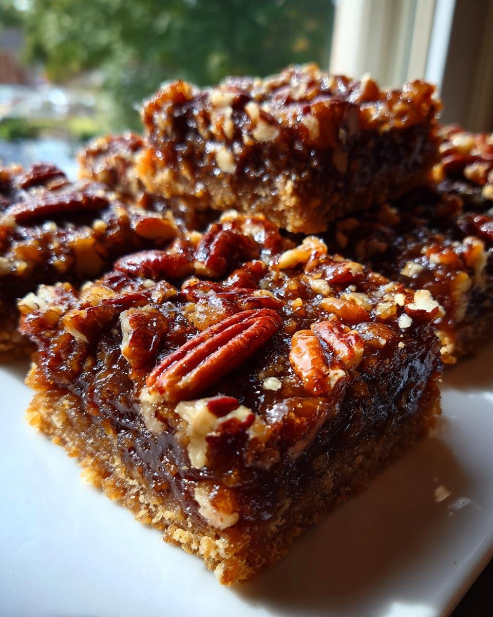Close-up of a gooey Pecan Pie Shortbread Bars square showing the buttery crust and pecan topping.