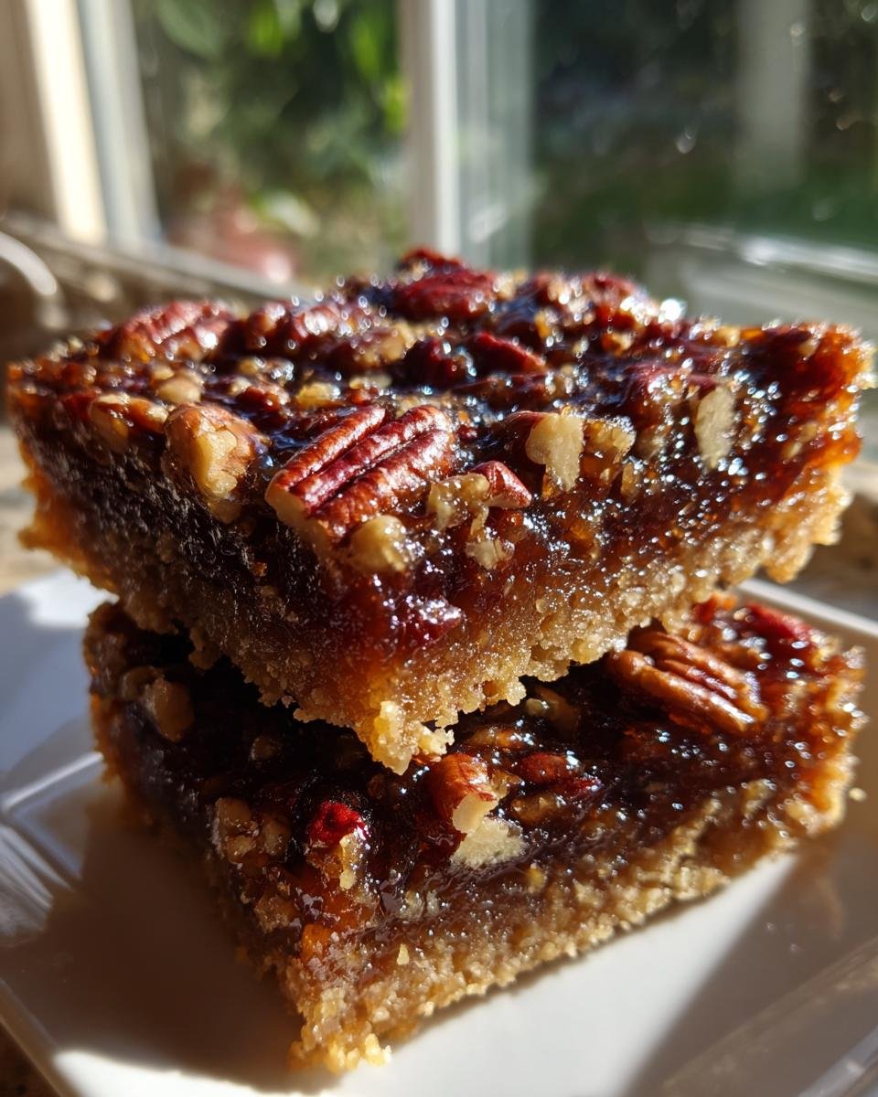 Two gooey Pecan Pie Shortbread Bars stacked on a white plate, glistening in sunlight.