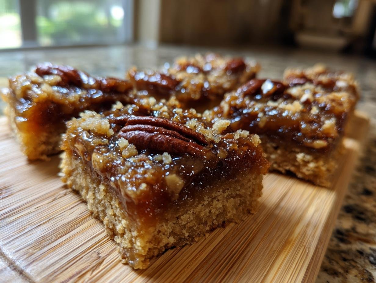 Close-up of gooey Pecan Pie Shortbread Bars with a thick, caramelized topping and a whole pecan.