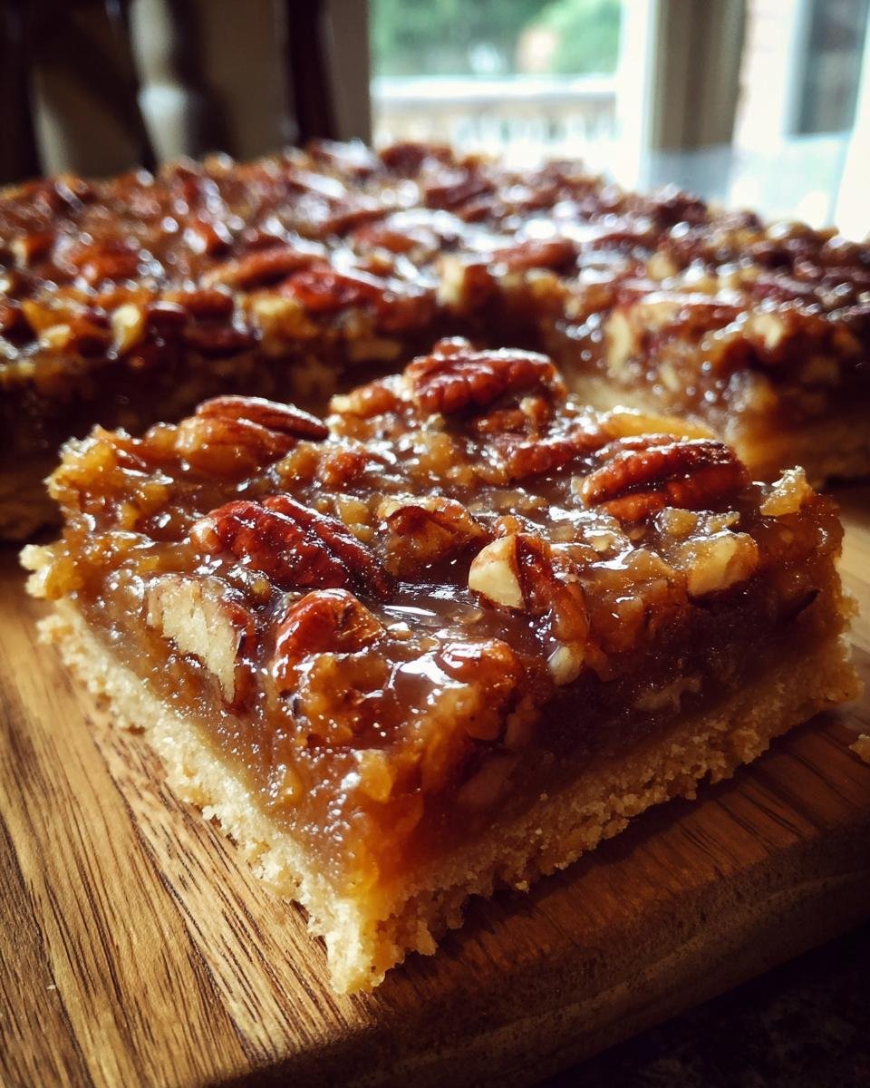 A close-up of a gooey Pecan Pie Shortbread Bars Delight slice showing the thick, sticky pecan topping on a buttery shortbread crust.