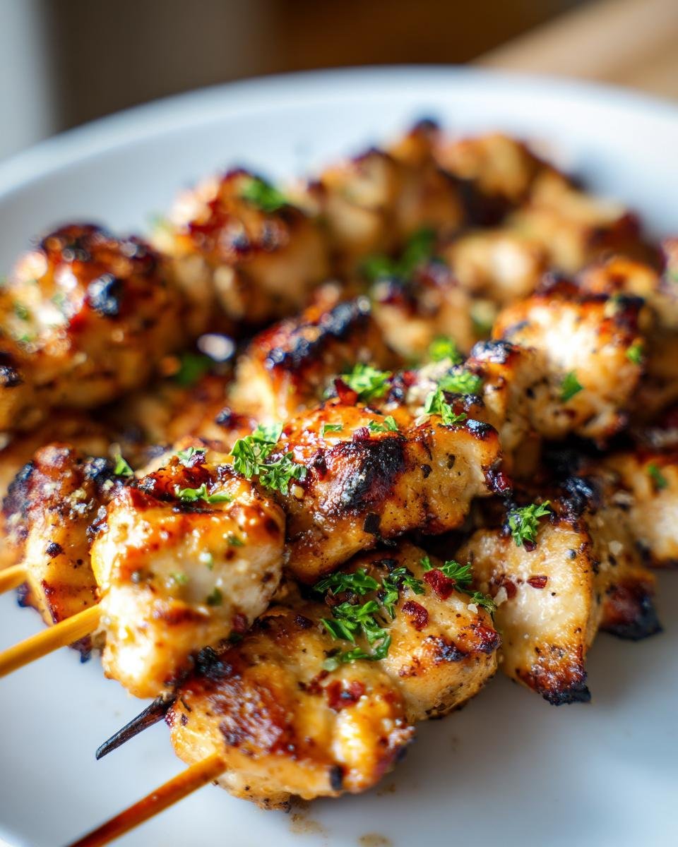 Close-up of grilled Irresistible Garlic Parmesan Chicken Skewers topped with fresh parsley.
