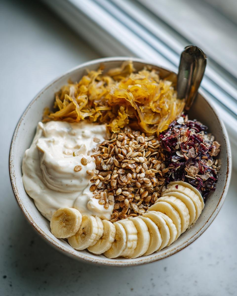 A bowl containing yogurt, sauerkraut, sunflower seeds, dried fruit, and sliced bananas, illustrating foods to improve gut health.