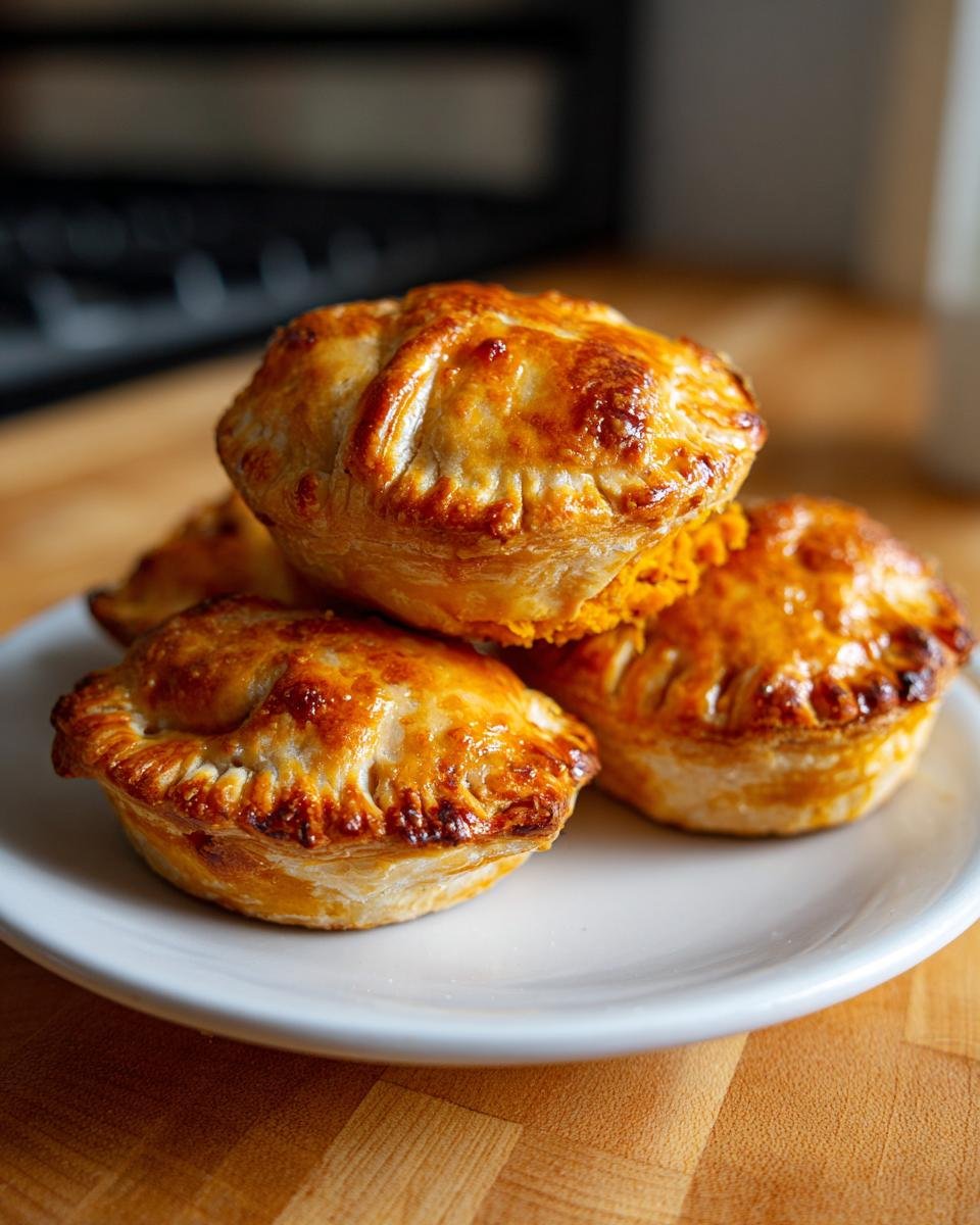A stack of golden brown, flaky Halloween Hand Pies Bites resting on a small white plate.