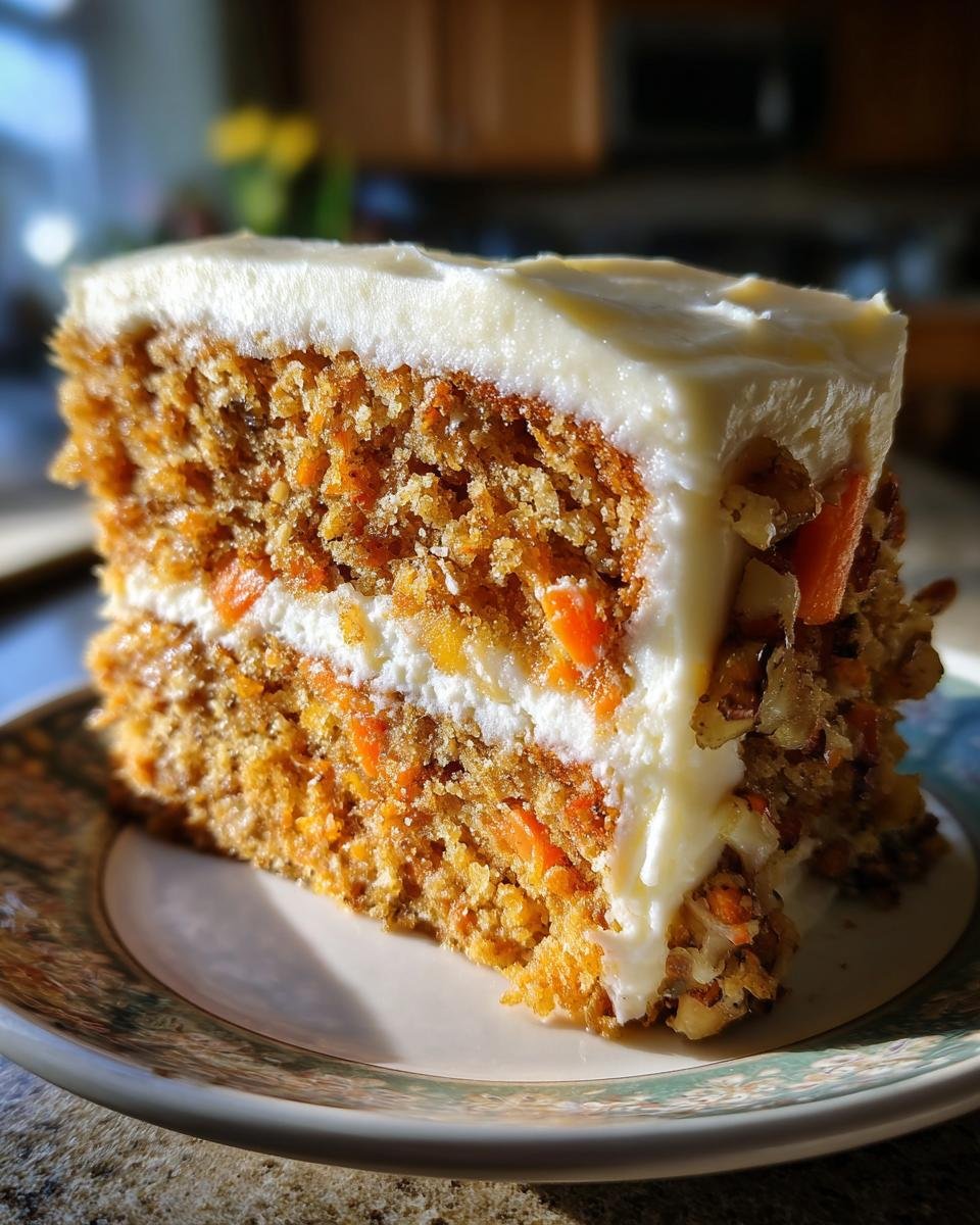 Close-up of a moist slice of Irresistible Hawaiian Carrot Pineapple Cake with thick cream cheese frosting.