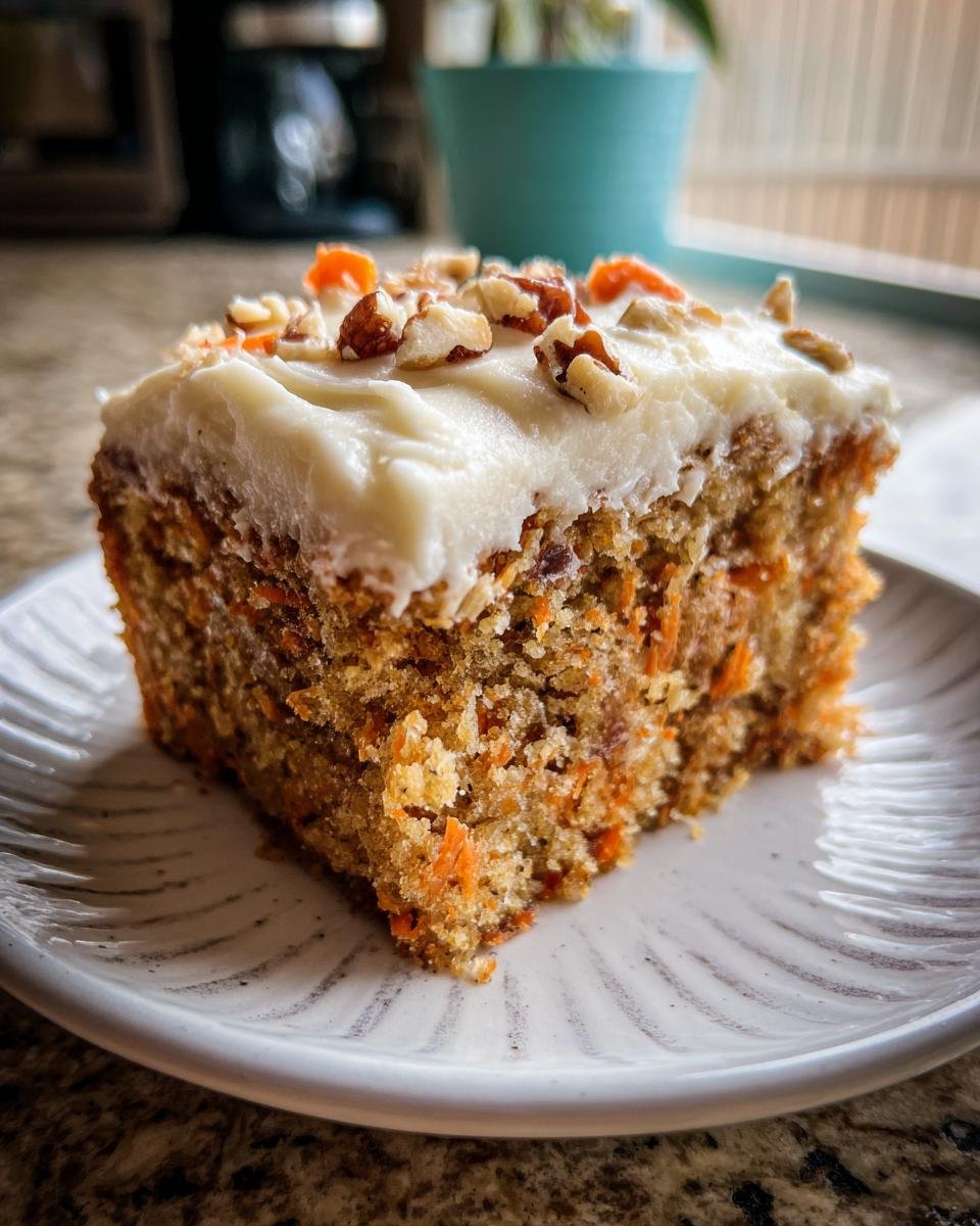 A close-up of a moist slice of Irresistible Hawaiian Carrot Pineapple Cake topped with cream cheese frosting and chopped pecans.