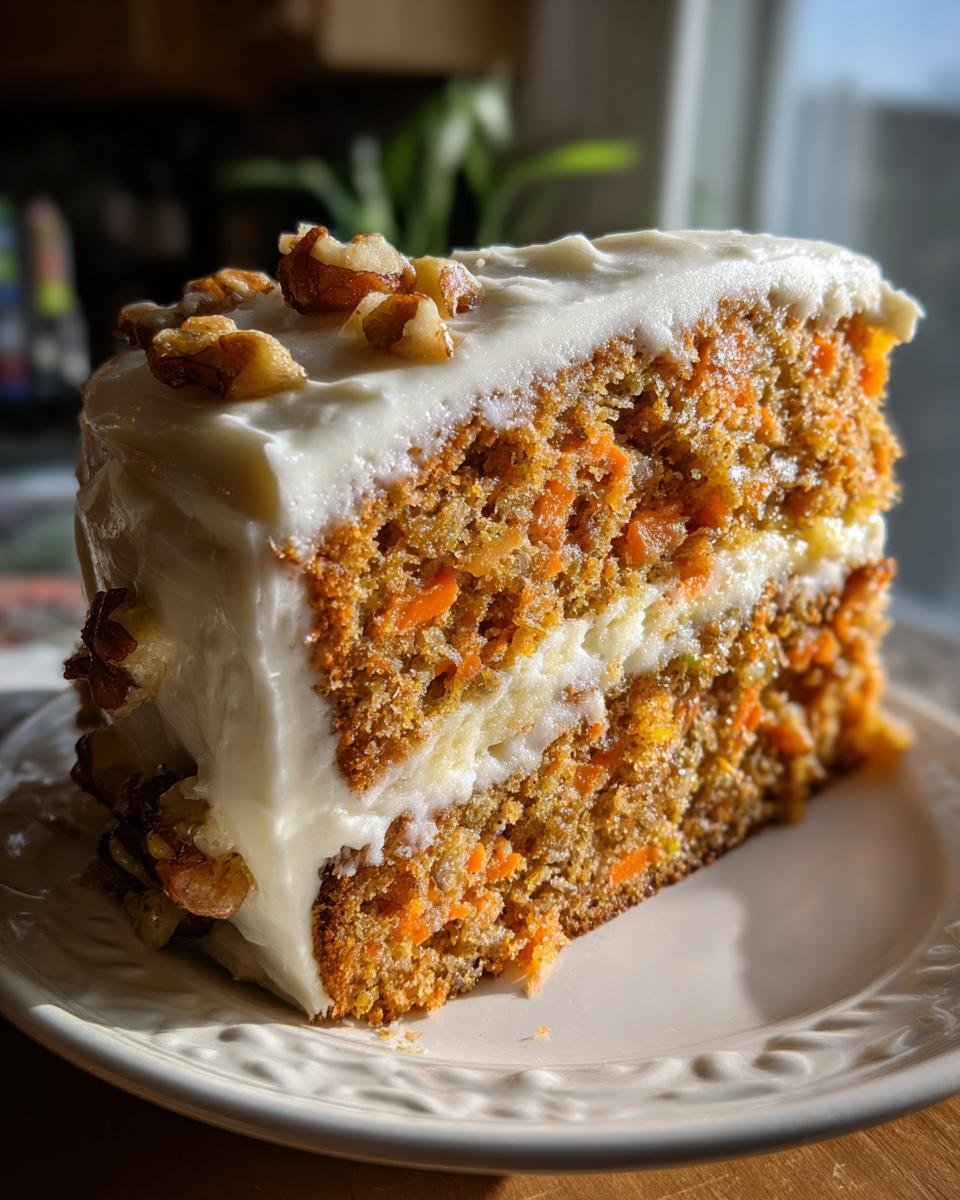 A moist slice of Irresistible Hawaiian Carrot Pineapple Cake layered with cream cheese frosting and topped with walnuts.