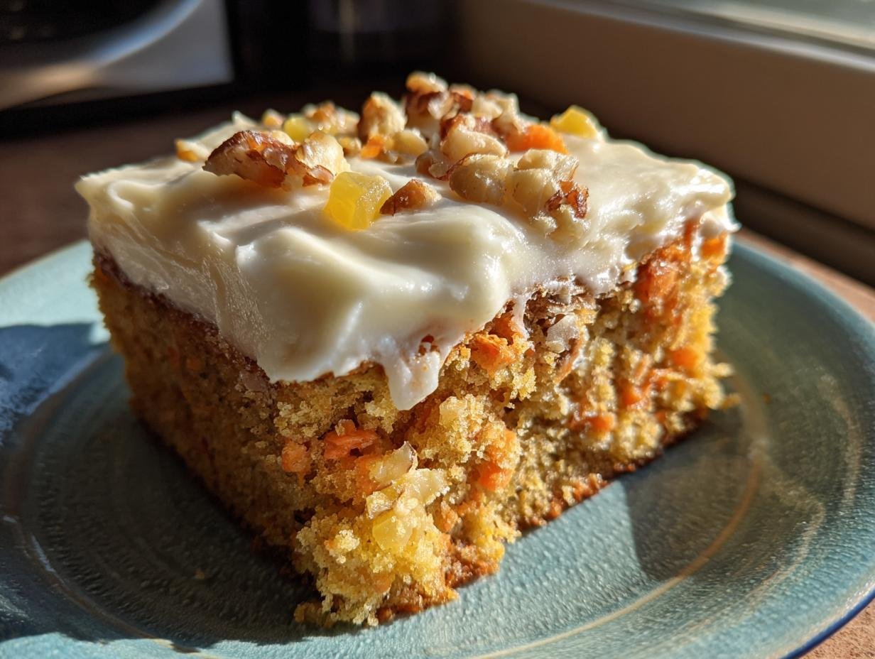 A moist slice of Irresistible Hawaiian Carrot Pineapple Cake topped with cream cheese frosting and nuts.