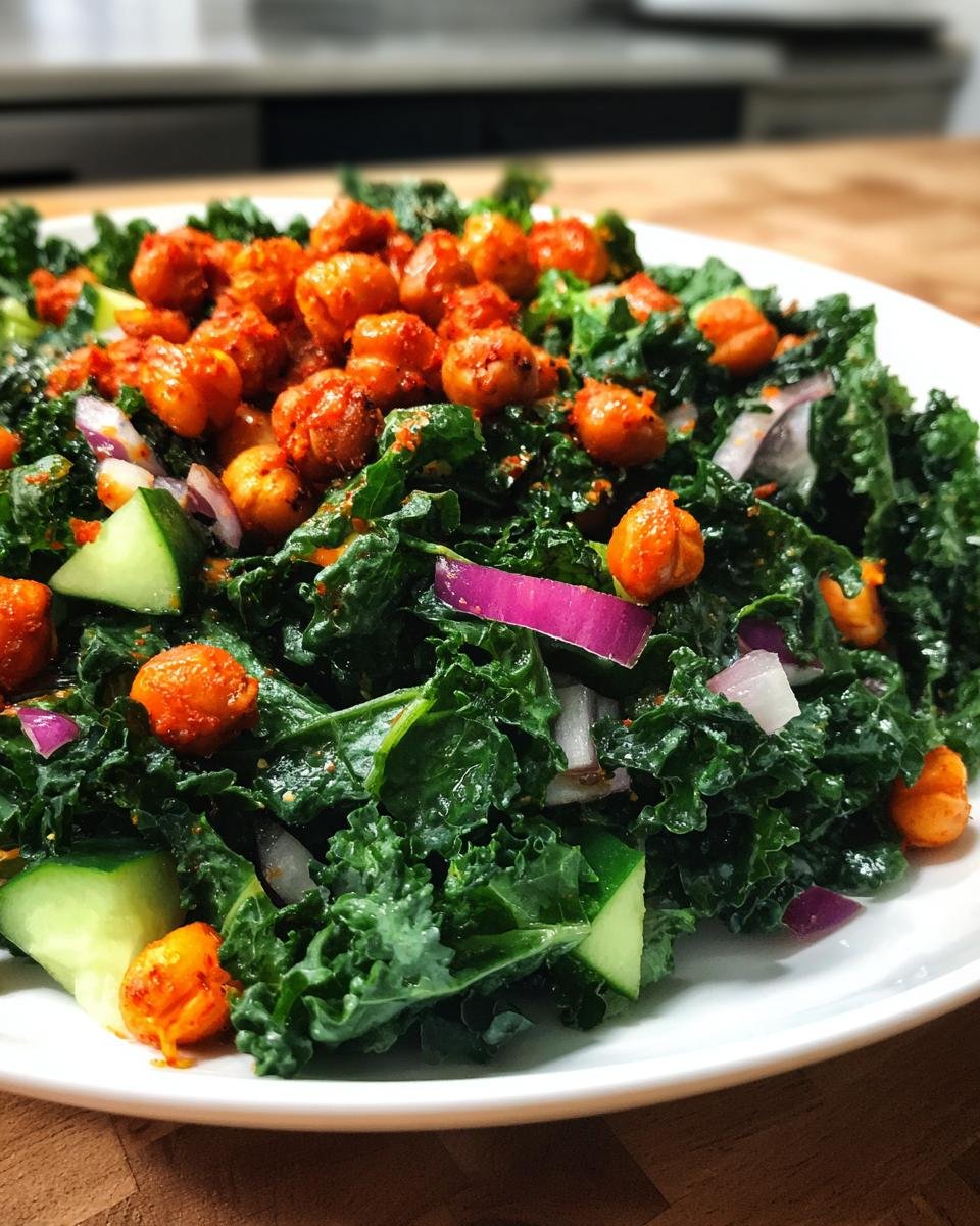 A vibrant plate of Healthy Loaded Kale Salad featuring dark green kale, bright orange spicy chickpeas, red onion, and cucumber chunks.