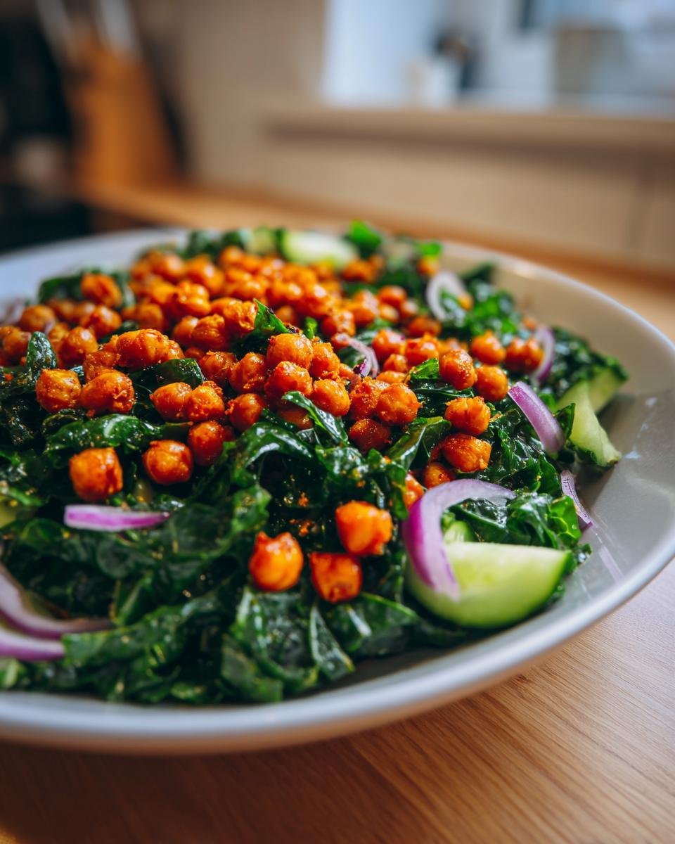 Close-up of a Healthy Loaded Kale Salad topped generously with bright orange spicy chickpeas, red onion slices, and cucumber.