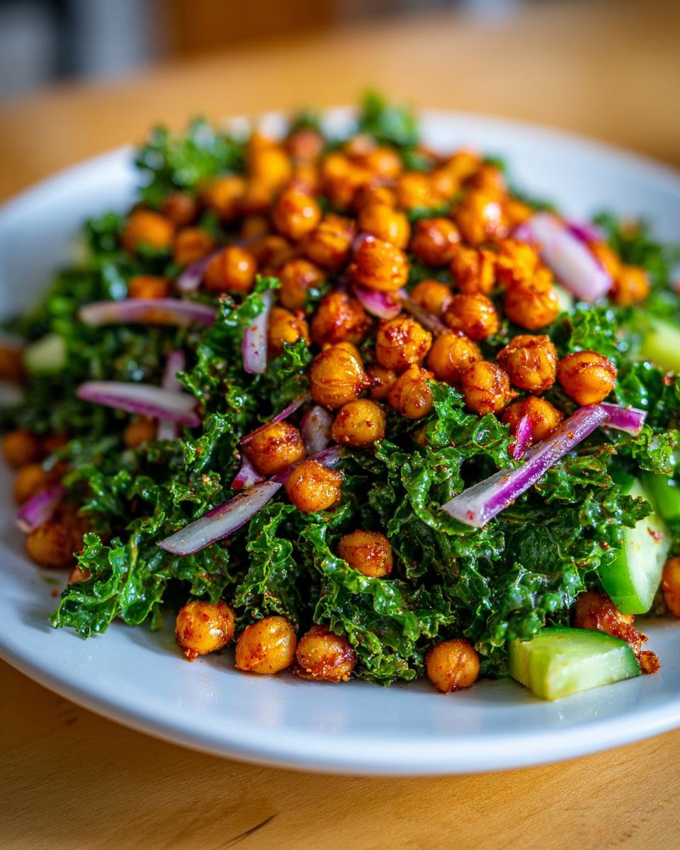 A vibrant Healthy Loaded Kale Salad topped generously with crispy, spicy chickpeas and slices of red onion.