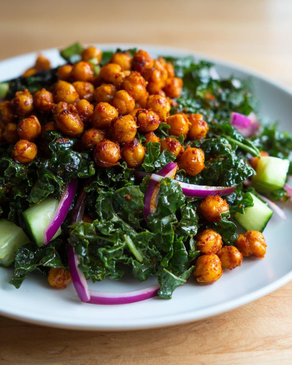 Close-up of a Healthy Loaded Kale Salad With Spicy Chickpeas, red onion, and cucumber on a white plate.